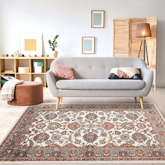 Superior Indoor Area Rug, with Jute Backing, Chic Bordered Floor Decor for Living Room, Bedroom, Office, Entryway, Kitchen, Dining, Floral Design, Lille Collection, 5' x 8', Salmon