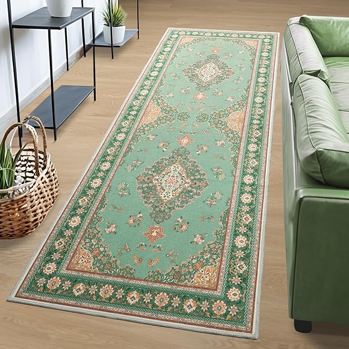 Tepook 2x6 Vintage Runner Rug - Low Pile Washable Non-Slip Carpet for Hallway, Kitchen, Bedroom, Entryway, Laundry Room, Bathroom - Indoor Throw Rug in Green