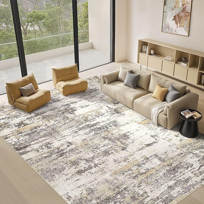 Area Rugs for Living Room: 5x7 Abstract Washable Rug Modern Neutral Large Soft Stain Resistant Non-Slip Backing Machine Table for Bedroom Dining Room Indoor Home Office Carpet - Gold Brown