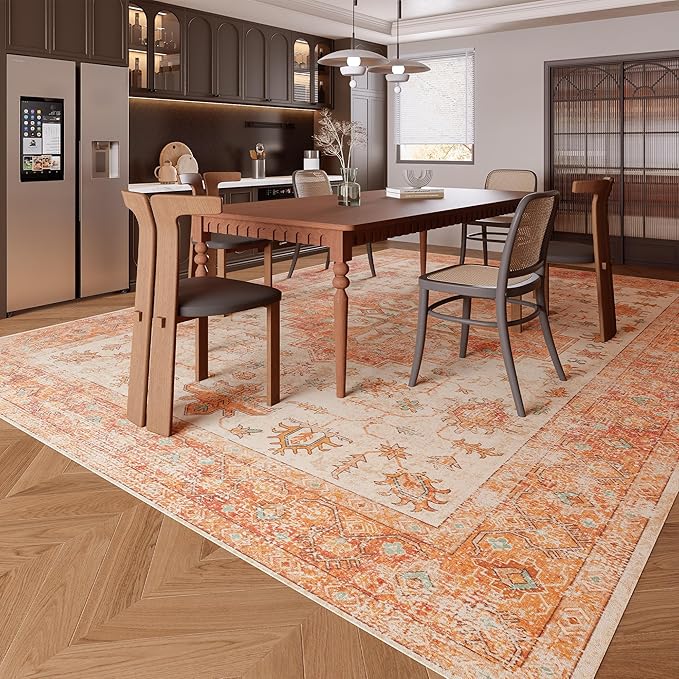 9x12 Rug, Washable Neutral Boho Modern Vintage Non Slip Floral Area Carpet, Low Pile Soft Rugs, Slip Resistance, Pet-Friendly, Durable Rug for Living Room, Bedroom, Kitchen, Dining Room