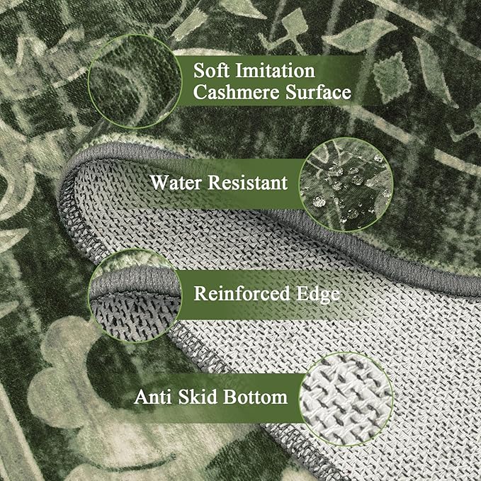 U'Artlines Boho Vintage Area Rug 5x7 Machine Washable Low Pile Soft Floor Carpet Non Slip Non Shedding Accent Rug for Living Room Bedroom Entryway Dining Room Office Dark Green
