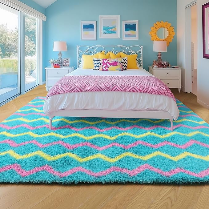 RUGTUDER Soft Fluffy Rug for Bedroom, 5x8 Washable Fuzzy Striped Rugs for Girls Teens Dorm, Non Slip Shaggy Unicorn Area Rug for Living Room Boys Kids Room Playroom Decor, Teal Pink Yellow