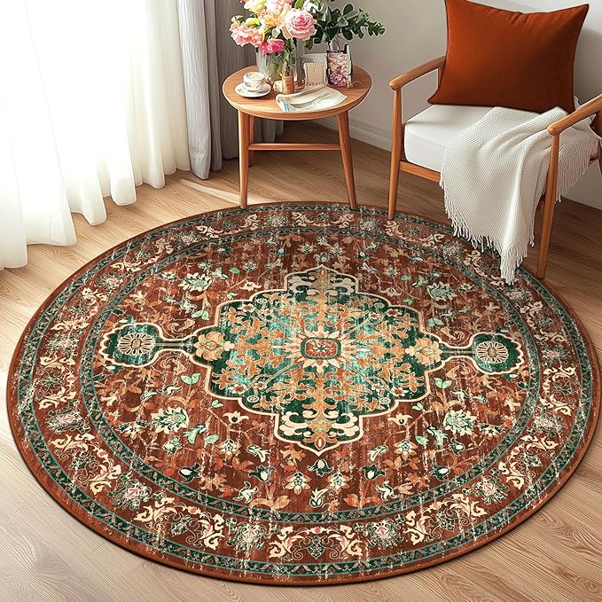 U'Artlines Boho Vintage Area Rug 4ft Machine Washable Low Pile Soft Floor Carpet Non Slip Non Shedding Accent Rug for Living Room Bedroom Entryway Dining Room Office Rust＆Teal