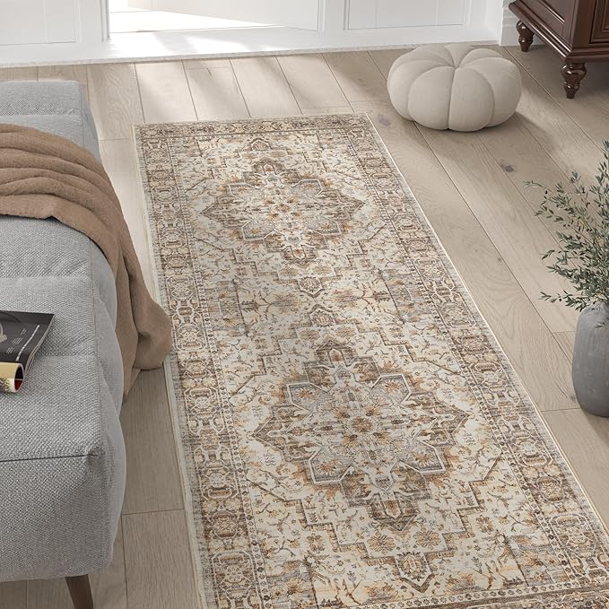 jinchan Runner Rug 2x5 Vintage Hallway Runner Rug Boho Washable Rug Floral Kitchen Runner Rug Retro Accent Non Slip Tribal Distressed Soft Rug for Bedroom Bathroom Laundry Room Doorway Taupe
