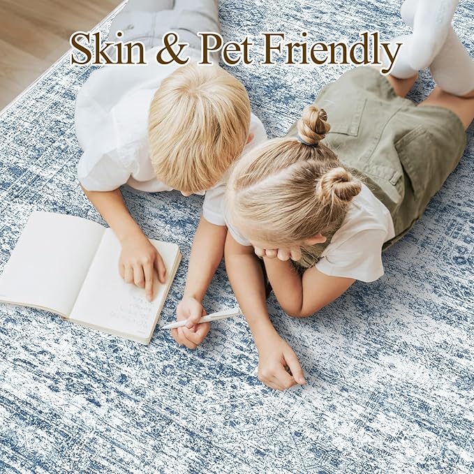 Washable Area Rug 8x10, Large Soft Rugs for Living Room Vintage Blue Rug 8x10 Area Rugs for Bedroom Dining Room Non-Slip Stain Resistant Under Table Rug