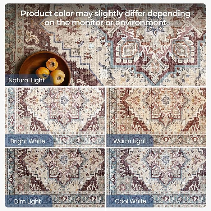 Washable Area Rugs Boho Thin Non Slip Stain Resistant Vintage Brown Printed Carpet Oriental Foldable Distressed 4x6 Rug for Living Room Bedroom Indoor House