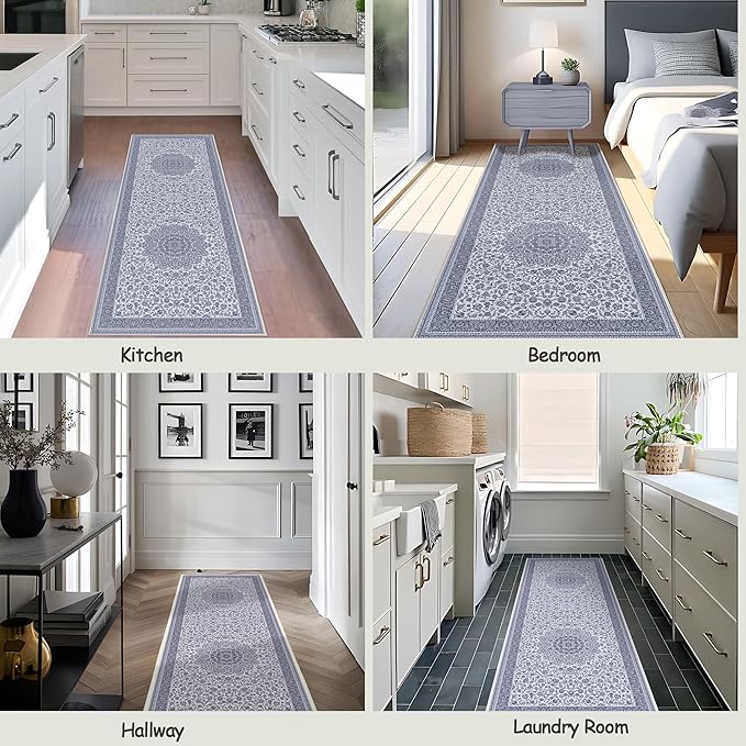 Floral Runner Rug Washable Area Rug 2x6, Spill-Proof Surface, Non-Slip Backing, Cozy Soft Faux Wool, Printed Rug for Hallway, Bedroom, Kitchen, Entryway - Ieve