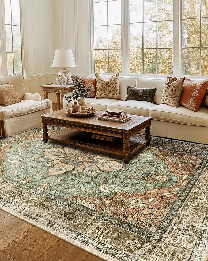 Area Rugs Square 8ft Washable Non-Slip, Floral Vintage Distress Print Pattern Medallion Carpet for Living Room Bedroom Dining Room, Brick Red Rust Red Neutral