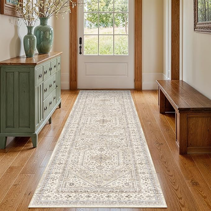 2x5 Runner Rug for Hallway Washable: Non Slip Kitchen Rugs with Rubber Backing Soft Waterproof Mats Stain Resistant Indoor Vintage Carpet Runner for Bedroom Bathroom Laundry Entryway Beige/Gray