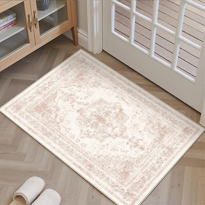 Area Rug 2x3 Washable Pink Rug Vintage Boho Medallion Entryway Door Mat Entrance Distressed Retro Carpet Non Slip Low Pile Small Soft Doormat for Kitchen Bedroom Laundry Bathroom Hallway