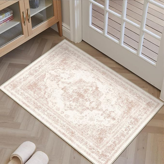 Area Rug 2x3 Washable Pink Rug Vintage Boho Medallion Entryway Door Mat Entrance Distressed Retro Carpet Non Slip Low Pile Small Soft Doormat for Kitchen Bedroom Laundry Bathroom Hallway