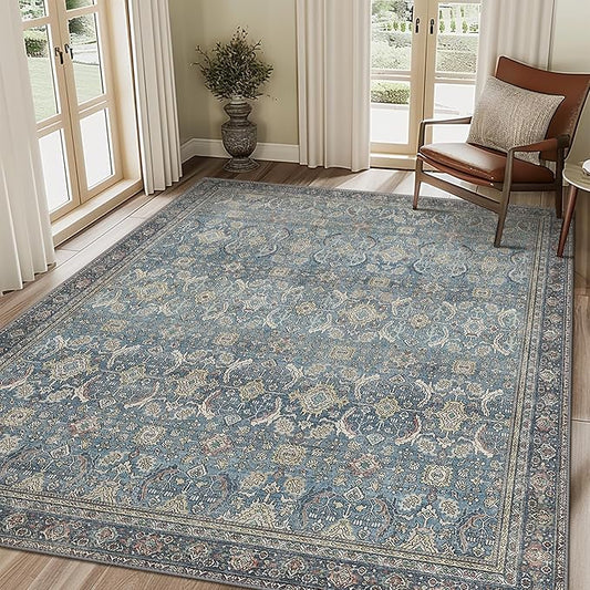 8X10 Area Rugs Machine Washable Rugs for Living Room, Vintage Boho Large Rugs for Bedroom Dining Room, Non Slip Indoor Soft Distressed Lightweight Thin Low Pile Carpet, Vintage Blue