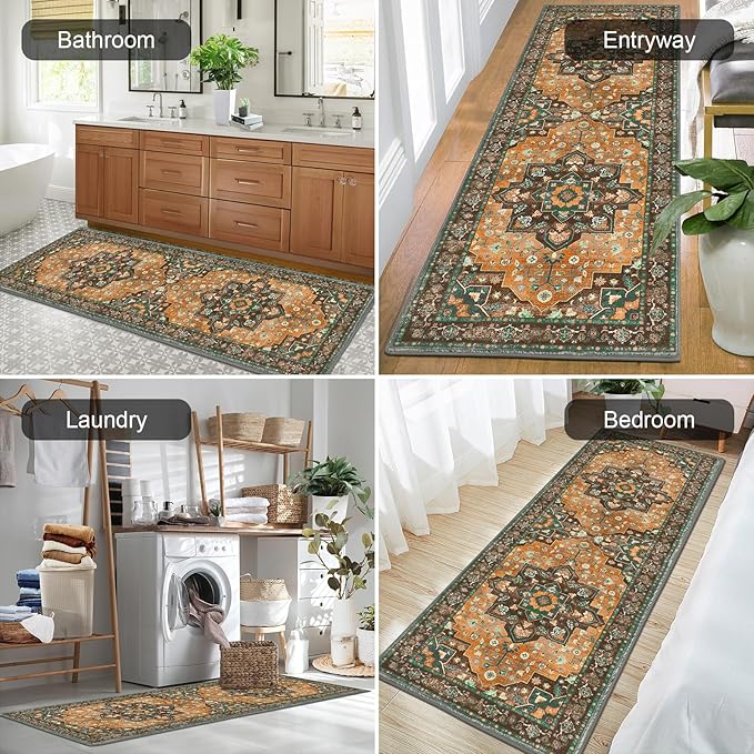 HEBE Hallway Runner Rug 2'x6' Washable Vintage Distressed Area Rugs Non Slip Laundry Rug Runner Boho Floor Carpet Runners for Hallways Entryway Laundry Room Kitchen Bathroom