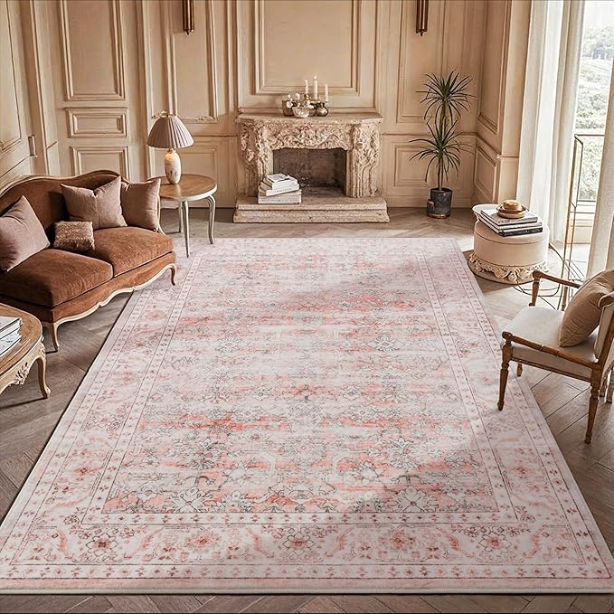 Carvapet Pink Rugs for Living Room Bedroom, Vintage Low Pile Large Carpet with Rubber Backing, Foldable, Non Slip Machine Washable (10 x 8 Feet Rectangular, Pink Area Rug)