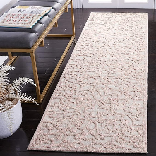 SAFAVIEH Trace Collection Runner Rug - 2'3" x 8', Ivory & Pink, Handmade Scroll Wool, Ideal for High Traffic Areas in Living Room, Bedroom (TRC103U)