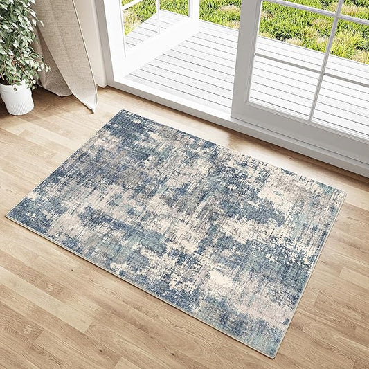 2x3 Entryway Rug Machine Washable Area Rug Small Blue/Grey Rugs Entrance Door Mat Indoor Rug Abstract Low Pile Carpet Kitchen Bedroom Office Non Slip