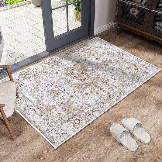 Keeko Small Rugs for Entryway, 2x3 Living Room Area Rug Vintage Door Mat Accent Bedroom Bedside Rug Indoor Low Pile Retro Non Slip Front Door Print Throw Rugs for Kitchen Laundry Room Decor Beige