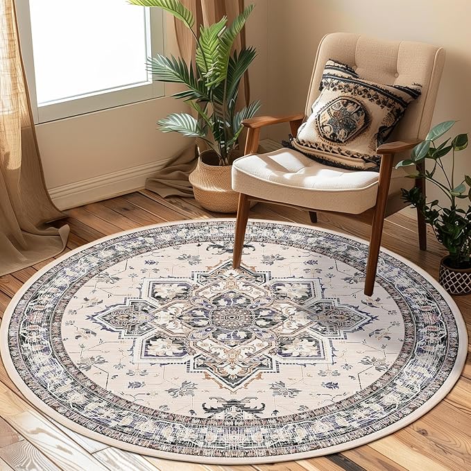 BESTSWEETIE 6ft Area Rugs for Living Room, Washable Ultra Soft Boho Vintage Print Pattern Rug Non Slip Low Pile Carpet for Dining Room Bedroom Entryway Indoor-Khaki/Beige/Purple/Black