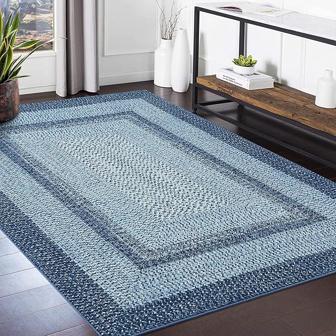 Washable Area Rugs 4x6 Rug for Living Room Indoor Mats for Entryway Soft Bedroom Rug Non Slip Modern Braided Print Area Rug Farmhouse Throw Rugs Low Pile Stain Resistant Carpet 4'x6' Blue