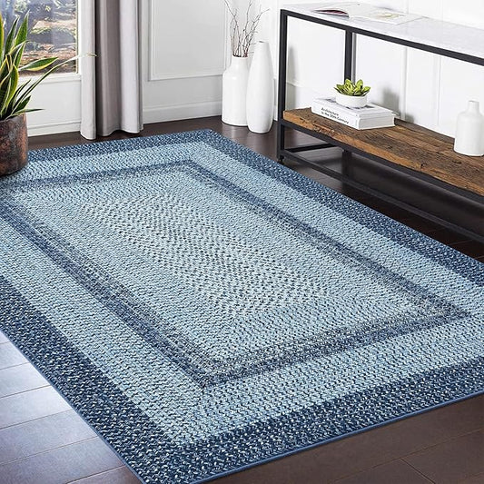 Washable Area Rugs 4x6 Rug for Living Room Indoor Mats for Entryway Soft Bedroom Rug Non Slip Modern Braided Print Area Rug Farmhouse Throw Rugs Low Pile Stain Resistant Carpet 4'x6' Blue