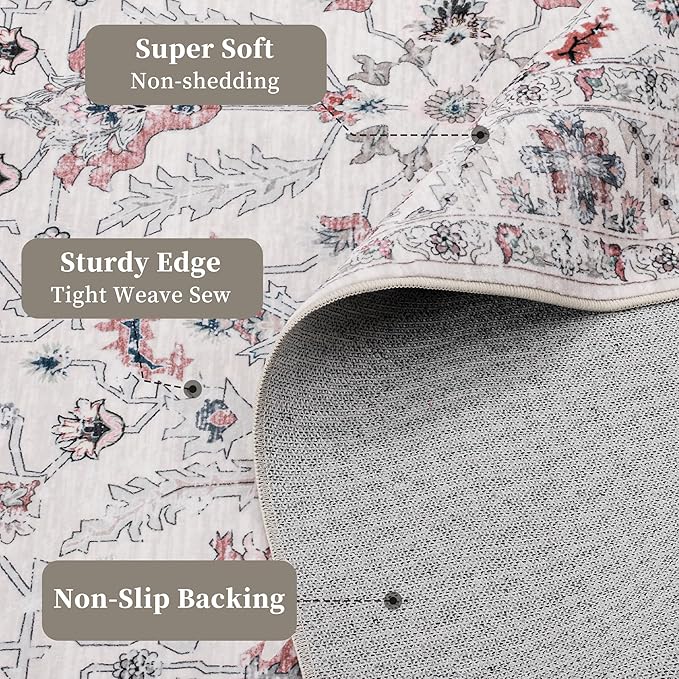 8x10 Rug, Washable Neutral Boho Modern Vintage Non Slip Floral Area Rugs, Low Pile Soft Rugs, Area Rugs, Slip Resistance Carpet, Pet-Friendly Carpet, Durable Rug for Living Room, Bedroom