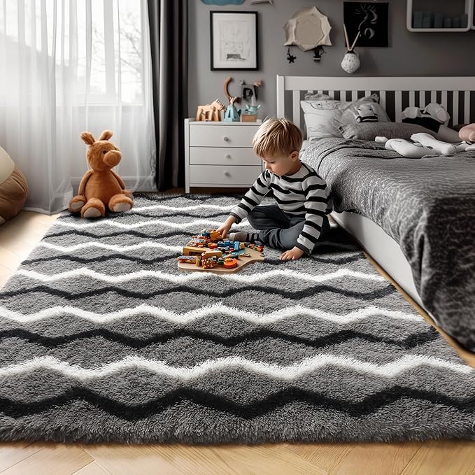 RUGTUDER Soft Fluffy Bedroom Rug, 4x6 Fuzzy Plush Shag Striped Washable Area Rug for Living Room Chevron Shaggy Floor Carpets Geometric Rugs for Kids Boys Playroom Dorm Classroom, Grey Black White