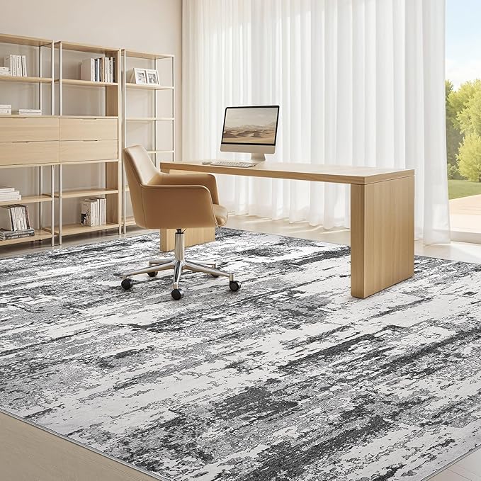 Area Rugs for Living Room: 5x7 Abstract Washable Rug Modern Neutral Large Soft Stain Resistant Non-Slip Backing Machine Table for Bedroom Dining Room Indoor Home Office Carpet - Black Grey