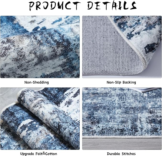 2x3 Rug Washable Boho Rug Soft Small Area Rug Abstract Pattern Non-Slip Non-Shedding Faux Wool Vintage Rug for Door Mat, Kitchen, Floor, Entryway, Powder Room, Blue