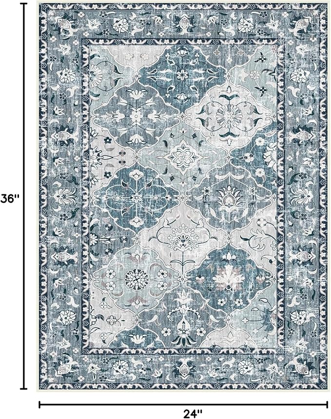 Washable Boho Vintage Area Rugs 2×3 Non-Slip Traditional Blue Area Rug Doormat for Bathroom Kitchen Entryway