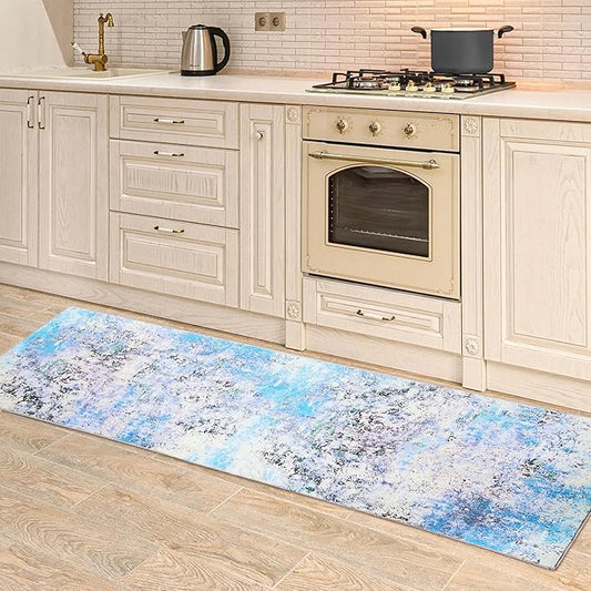 2x6 Runner Rug Abstract Washable Hallway Entryway Runner Rug Accent Print Ultra Soft Kitchen Runner Rug 6 Feet Non-Slip Boho Rug Runners for Laundry Room Entrance, Blue/Multi