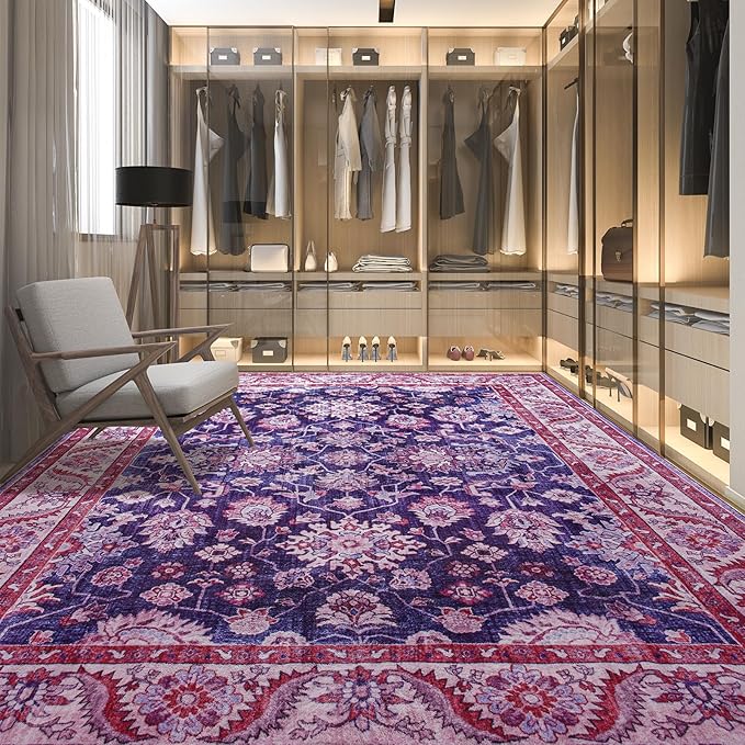 Area Rugs for Living Room, 6x9 Washable Area Rug for Bedroom, Retro Floral Non-Slip Carpet for Nursery Home Office Dining Room Kitchen, Blue and Purple
