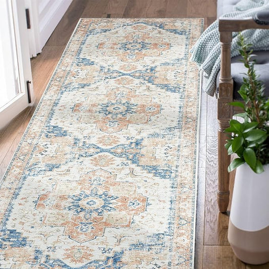 jinchan Runner Rug 2x6 Hallway Rug Kitchen Washable Runner Vintage Mat Retro Print Lightweight Non-Slip Accent Floor Cover Distressed Thin Carpet for Entryway Bathroom Bedroom Laundry Room Orange