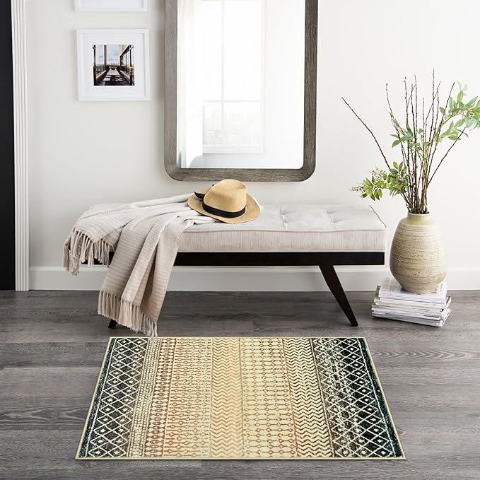 Washable Indoor Doormat, Brown Retro Non-Slip Bedroom Rug, Soft Low-Pile Distressed Boho Rug Floor Carpets for Entrance Bedside Kitchen Bathroom