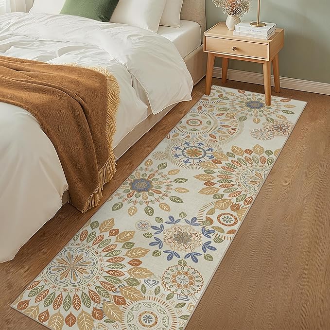 Bavni Kitchen Runner, Washable 2x12 Rugs Non Slip, Floral Thin Runners, Stain Resistant Carpet Runner for Bathroom, Bedroom, Hallway, Beige Brown
