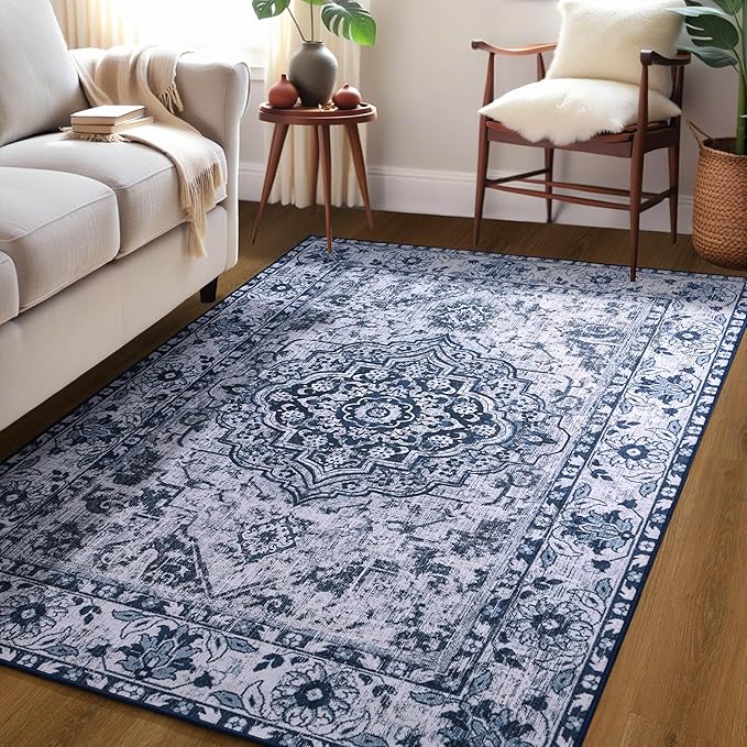 YJ.GWL Area Rug for Living Room, 3x5 Machine Washable Boho Rug for Bedroom, Low Pile Lightweight Thin Rugs Floral Vintage Distress Print Pattern Carpet for Dining Room Kitchen, Blue/White