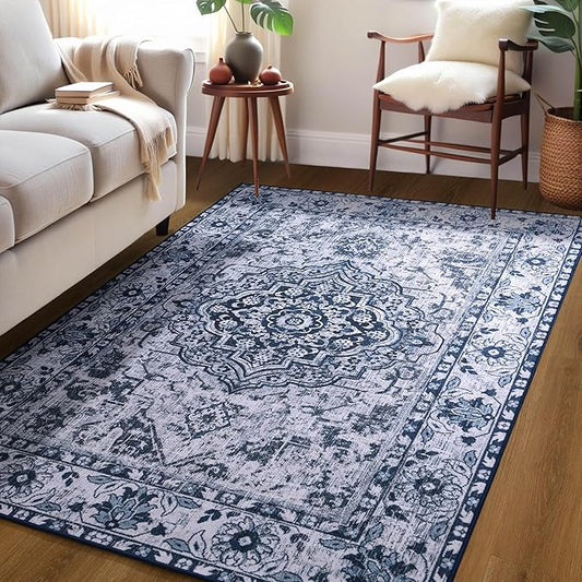 YJ.GWL Area Rug for Living Room, 3x5 Machine Washable Boho Rug for Bedroom, Low Pile Lightweight Thin Rugs Floral Vintage Distress Print Pattern Carpet for Dining Room Kitchen, Blue/White