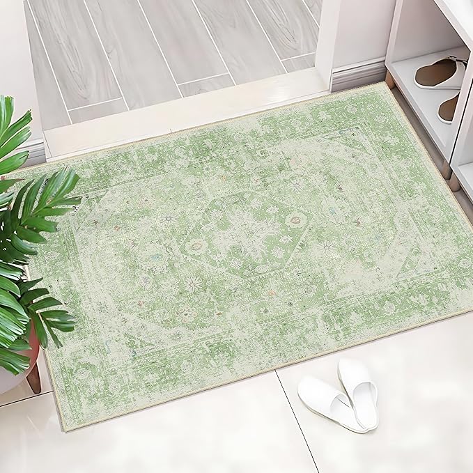 MUJOO Green Rug Washable Small Entryway Rug Boho Bathroom Rugs for Bedroom Non Slip Throw Carpet Sage Green Entry Area Rug for Front Door Laundry Room Soft Floral Indoor Home Decor 2'x3'