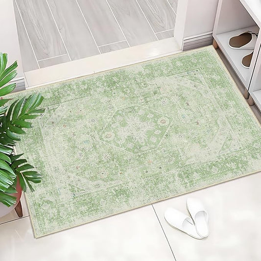 MUJOO Green Rug Washable Small Entryway Rug Boho Bathroom Rugs for Bedroom Non Slip Throw Carpet Sage Green Entry Area Rug for Front Door Laundry Room Soft Floral Indoor Home Decor 2'x3'