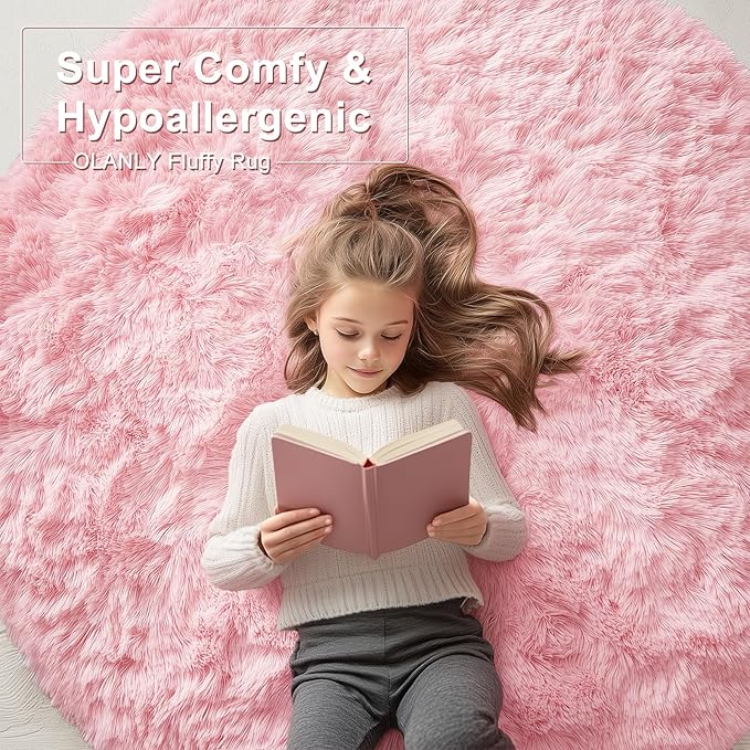 OLANLY Pink Round Rugs for Bedroom - Machine Washable, 9x9 Feet Circle Area Rugs for Living Room, Soft and Fluffy Shaggy Carpet for Teen Girls and Boys, Nursery Rooms, Dorms, Home Decor Aesthetic
