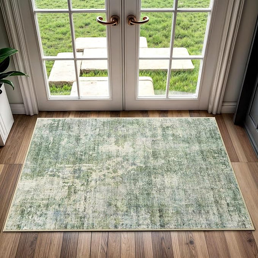 2x3 Abstract Washable Rugs for Kitchen, Floor, Entryway, Powder Room Small Area Rug Non-Slip Vintage Low Pile Throw Door Mat Green Ivory