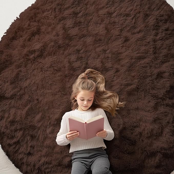 OLANLY Coffee Round Rugs for Bedroom - Machine Washable, 7x7 Feet Circle Area Rugs for Living Room, Soft and Fluffy Shaggy Carpet for Teen Girls and Boys, Dorms, Nursery Rooms, Home Decor Aesthetic