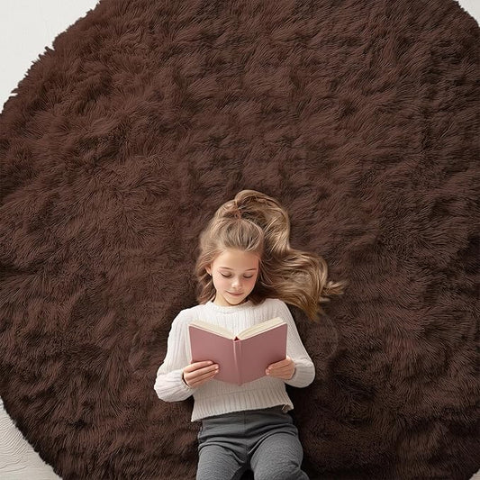 OLANLY Coffee Round Rugs for Bedroom - Machine Washable, 7x7 Feet Circle Area Rugs for Living Room, Soft and Fluffy Shaggy Carpet for Teen Girls and Boys, Dorms, Nursery Rooms, Home Decor Aesthetic