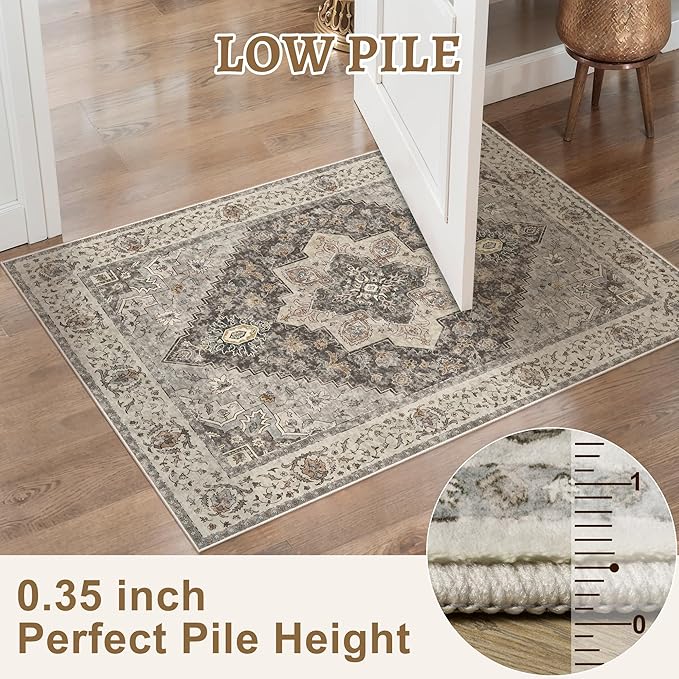 2.6x8 Washable Runner Rug for Hallways, Non Slip Vintage, Soft Low Pile Long Runner, Print Distressed Brown/Grey Carpet Runners for Kitchen Bedroom Entryway Bathroom Living Room