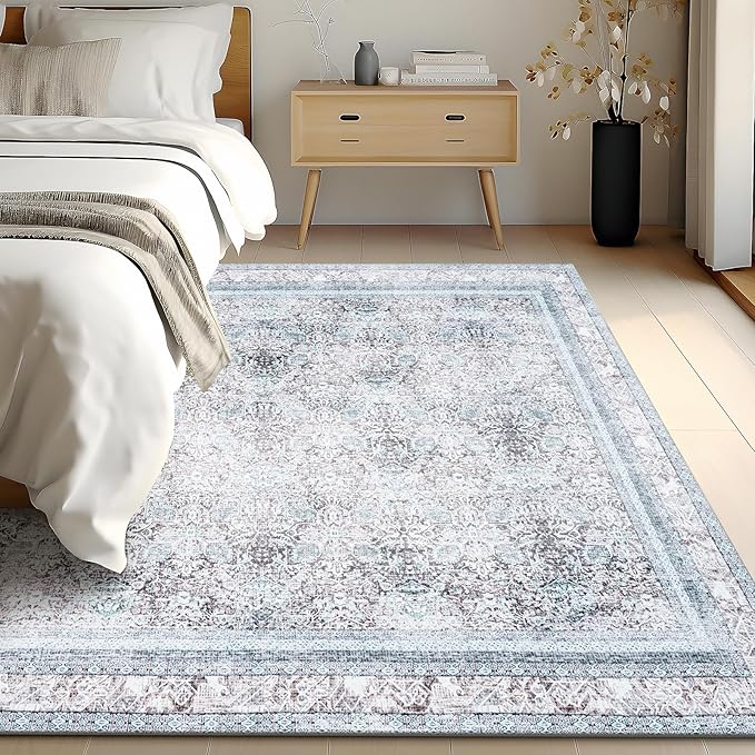 Phantoscope Vintage Collection Area Rug 6'x9' - Washable Rug Boho Rugs Non-Slip for Living Room, Bedroom, Dining Room, Dorm, Indoor Low-Pile Carpet Distressed Accent Rug, Blue/Grey