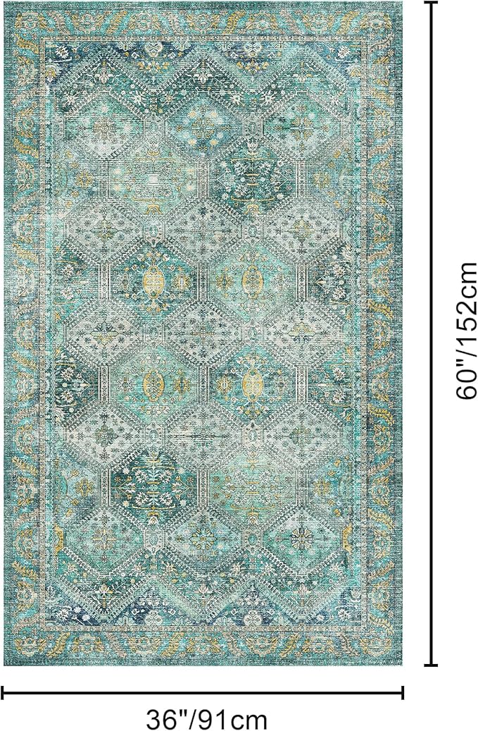 Bavni 3x5 Area Rugs for Living Room, Machine Washable Rug Non Slip, Vintage Chenille Distressed Print Carpet, Large Low Pile Ultra-Thin Lightweight Rugs for Bedroom, Dining Room, Home, Office, Cyan