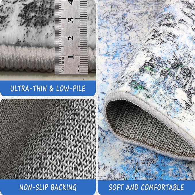2x6 Runner Rug Abstract Washable Hallway Entryway Runner Rug Accent Print Ultra Soft Kitchen Runner Rug 6 Feet Non-Slip Boho Rug Runners for Laundry Room Entrance, Blue/Multi