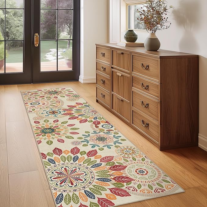 Bavni 2x7 Hallway Runner, Floral Washable Runner Rug, Ultra Thin Bathroom Rug Runner Non Slip Rubberback, Stain Resistant Rugs for Bedroom, Laundry Room, Beige Red