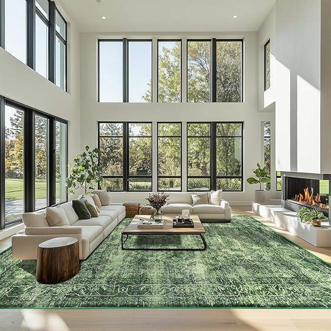 8x10 ft Washable Area Rug, Non-Slip Soft Boho Green Rug for Indoor & Outdoor Use, Living Room, Bedroom, Dining Room, Patio, Farmhouse, Kids-Friendly, Soft & Comfortable