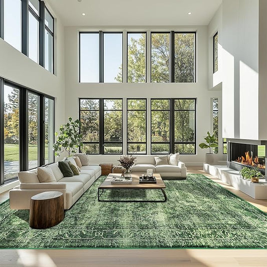 8x10 ft Washable Area Rug, Non-Slip Soft Boho Green Rug for Indoor & Outdoor Use, Living Room, Bedroom, Dining Room, Patio, Farmhouse, Kids-Friendly, Soft & Comfortable