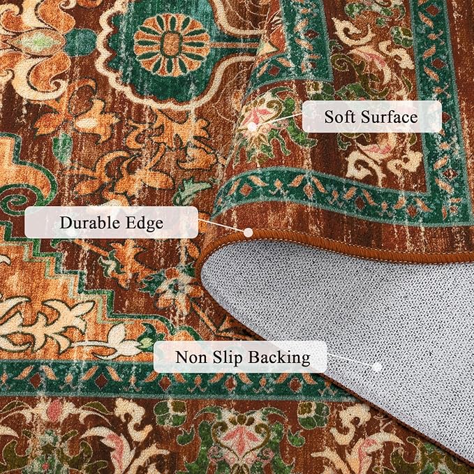 U'Artlines Boho Vintage Area Rug 8x10 Machine Washable Low Pile Ultra-Thin Soft Floor Carpet Non Slip Non Shedding Accent Rug for Living Room Bedroom Entryway Dining Room Office(Rust＆Teal)